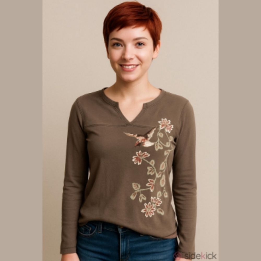 Vintage River island brown embroidered long sleeve T shirt size M